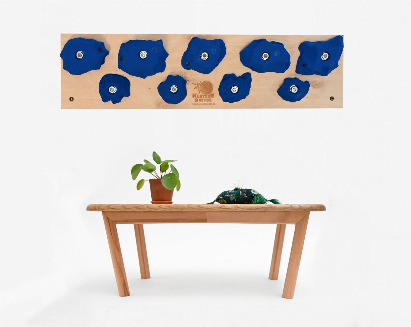 Trainingsboard Mittel - mit Tisch - Ein Kletterboard für Kletterer, die auch zu Hause ihre Finger- und Armmuskulatur trainieren möchten - mit 9/10 Klettergriffen. Trainingsboard Mittel - mit Tisch - stabiles Kletterboard mit 9/10 Klettergriffen