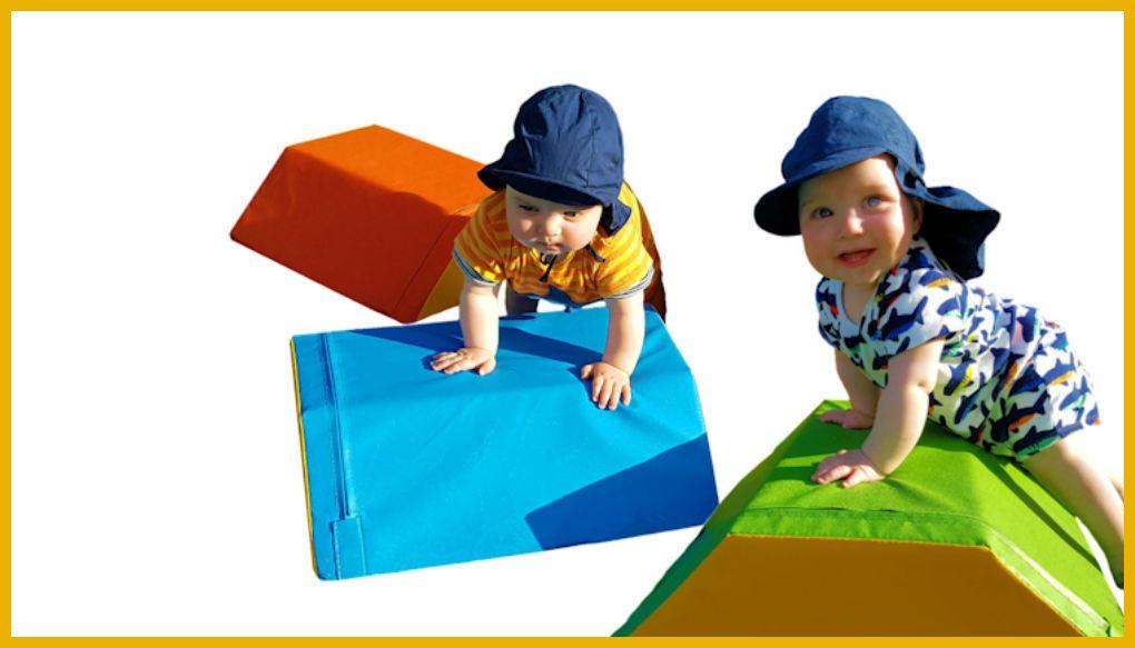 Trapezwürfel - Motorikelemente - die einzelnen Trapezelemente des Motorik-Bausteinsatzes können zusammengesteckt als Sitzwürfel umfunktioniert werden. Trapezwürfel - Motorikelemente - Balancierwürfel und Trapezelemente